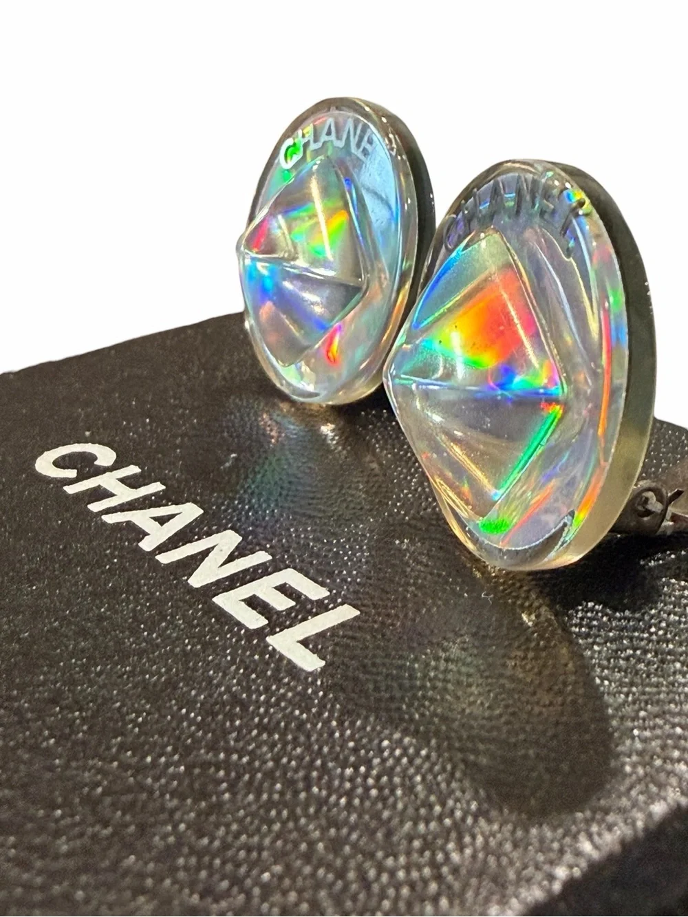 CHANEL Silver-Tone Clip-On Earrings with Iridescent Holographic Centers